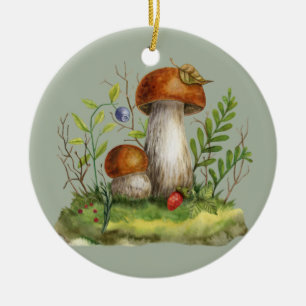 Vattenfärgad Vild Skogsvampar och bär Julgransprydnad Keramik