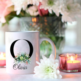 Vattenfärgad vilda blommor, första monogram kaffe  kaffemugg