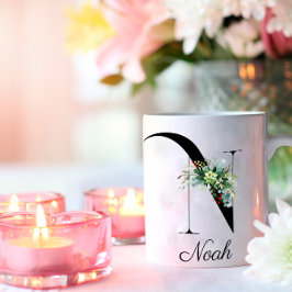 Vattenfärgad vilda blommor, första monogram kaffe  kaffemugg