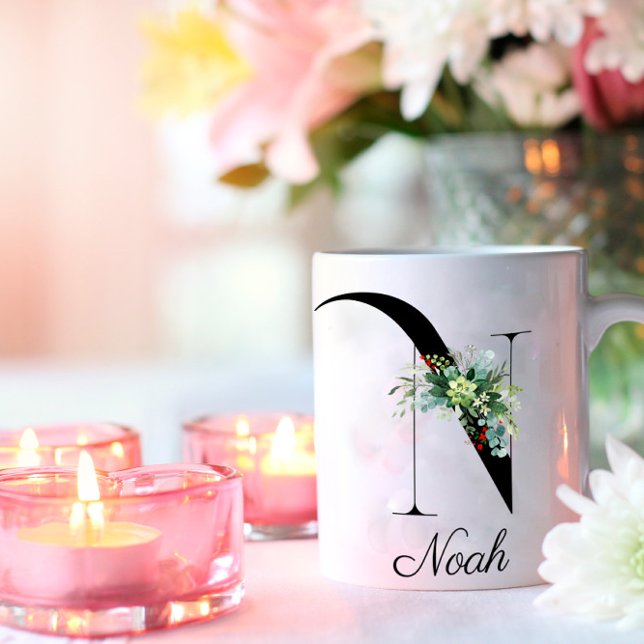 Vattenfärgad vilda blommor, första monogram kaffe  kaffemugg (Skapare uppladdad)