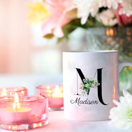 Vattenfärgad vilda blommor, första monogram kaffe  kaffemugg