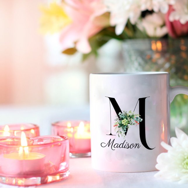 Vattenfärgad vilda blommor, första monogram kaffe  kaffemugg (Skapare uppladdad)