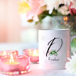 Vattenfärgad vilda blommor, första monogram kaffe  kaffemugg