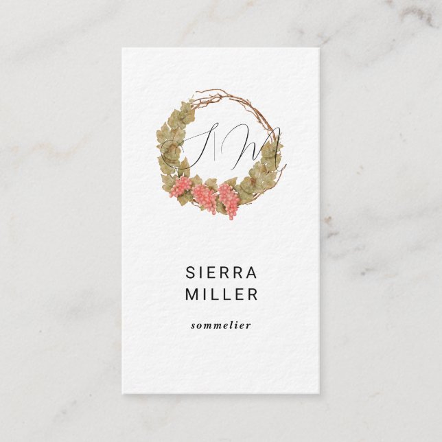 Vattenfärgad vindruvspandeutandning, monogram vin visitkort (Framsida)