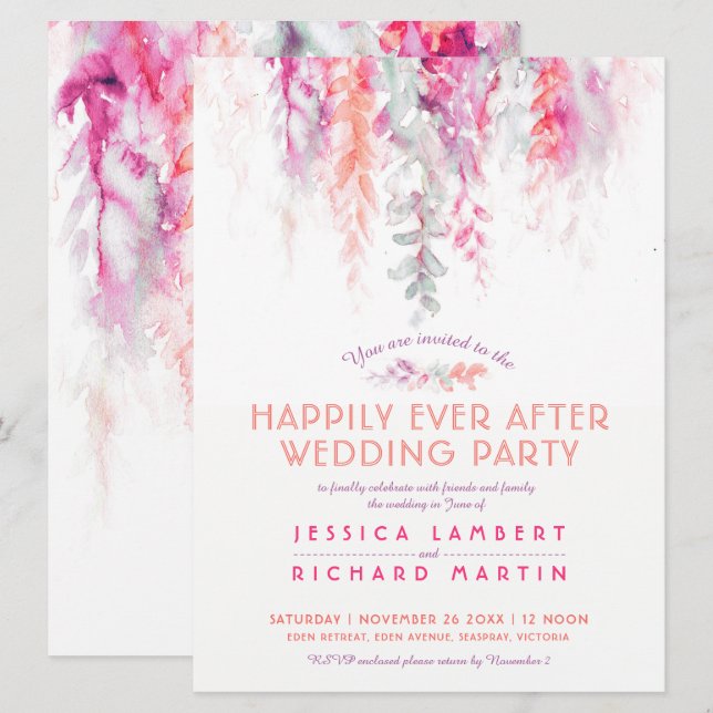 Vattenfärgad vinodling korallrött efter bröllopsfe inbjudningar (Fram/baksida)