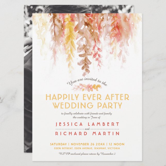 Vattenfärgad vinodling orange brun efter bröllopsf inbjudningar (Fram/baksida)