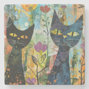 Vattenfärgad Vintage Abstrakt Katt (4) Stenunderlägg