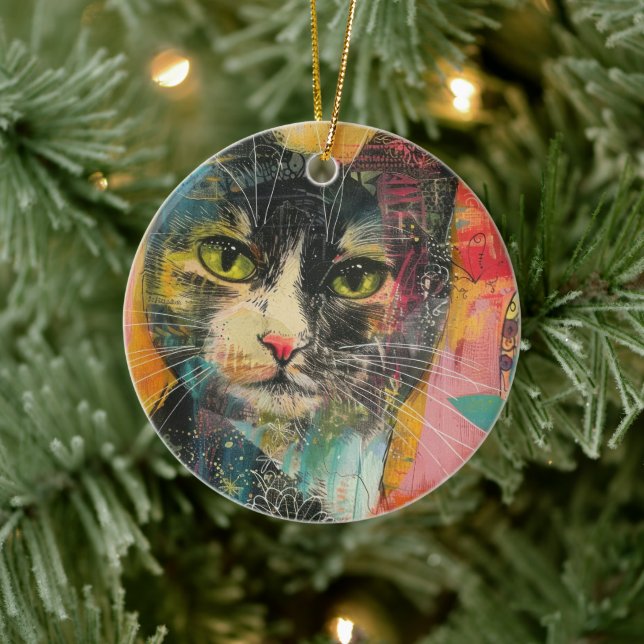Vattenfärgad Vintage Abstrakt Katt (6) Julgransprydnad Keramik (Träd)