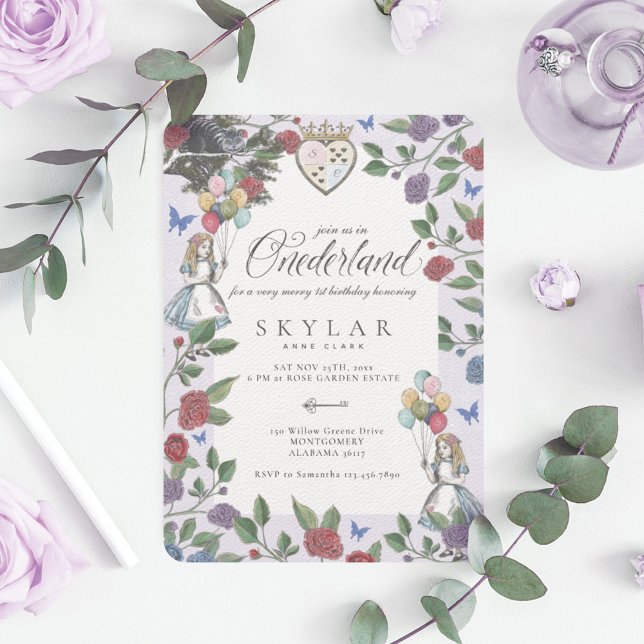 Vattenfärgad Vintage Alice i Onederland Birthday Inbjudningar (Skapare uppladdad)