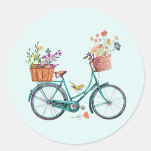Vattenfärgad Vintage Bicycle with Flower Basket Runt Klistermärke