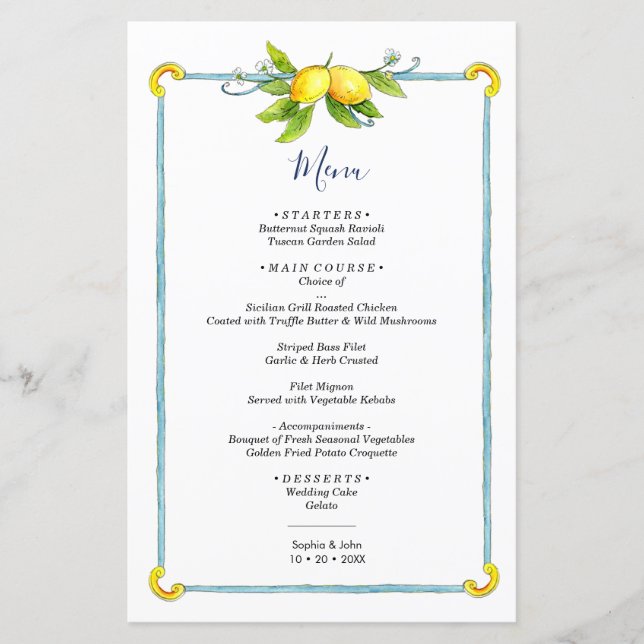 Vattenfärgad vintage Lemon citrus bröllop-menyn (Framsida)