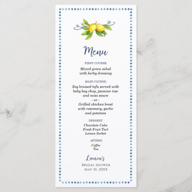 Vattenfärgad Vintage Lemon-Möhippa Meny (Framsida)