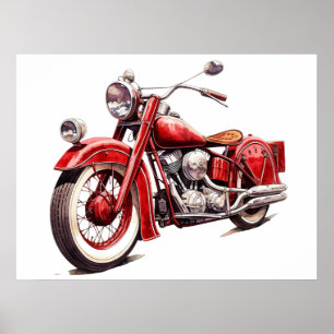 Vattenfärgad Vintage Röd klassisk motorcykel Poster