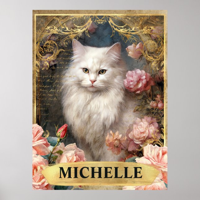 Vattenfärgad Vintage Vit Katt och Rosa ros Poster (Framsidan)