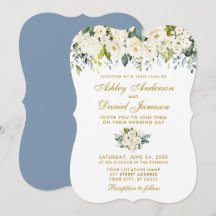 Vattenfärgad vit Blommigt Bröllop Dusty Blue Guld