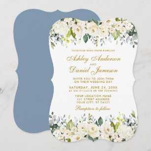 Vattenfärgad vit Blommigt Dusty Blue Elegant bröll Inbjudningar