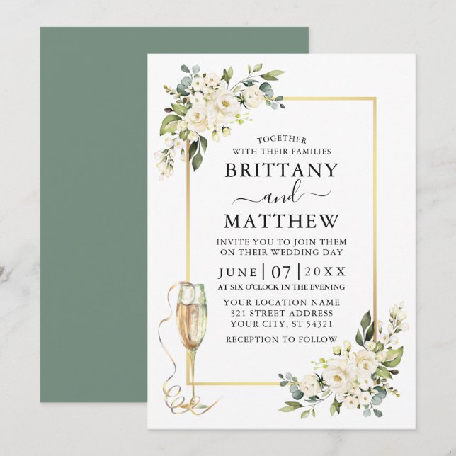 Vattenfärgad vit Blommigt Glass Bröllop Sage Grönt Inbjudningar (Fram/baksida)