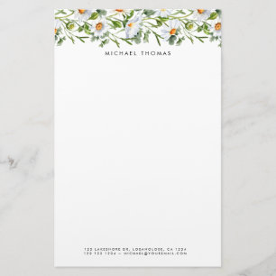Vattenfärgad vit Daisy och flytande Blommigt Brevpapper