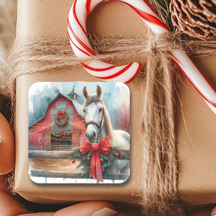Vattenfärgad vit häst och Festive Farm-jul Fyrkantigt Klistermärke