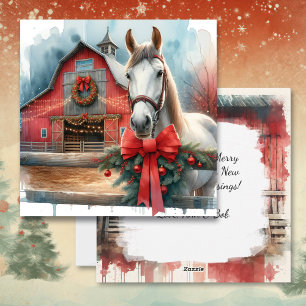 Vattenfärgad vit häst och Festive Farm-jul Julkort