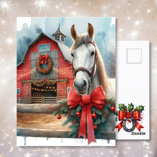 Vattenfärgad vit häst och Festive Farm-jul Vykort