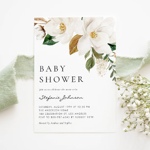 Vattenfärgad vit Magnolia Rustic Baby Shower Inbjudningar