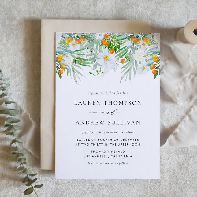 Vattenfärgad vit Orchids och Kumquats Bröllop Inbjudningar (Watercolor White Orchids and Kumquats Wedding Invitation)