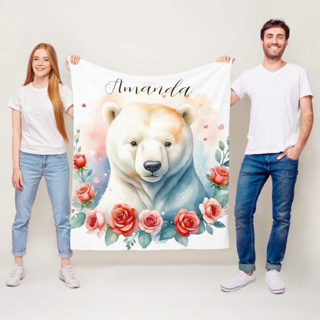 Vattenfärgad vit Polar Bear-Blommigt Fleecefilt (På plats)
