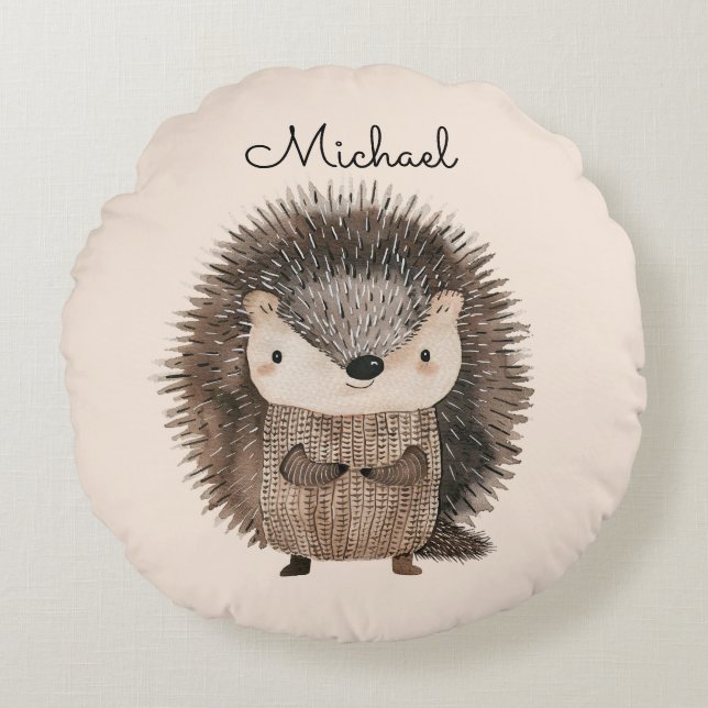 Vattenfärgad Woodland Animal Hedgehog Personlig Rund Kudde (Framsidan)