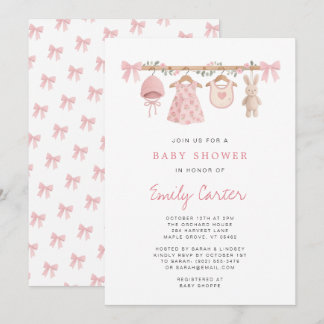 Vattenfärgade babykläder Rosa båge Babyflicka Show Inbjudningar