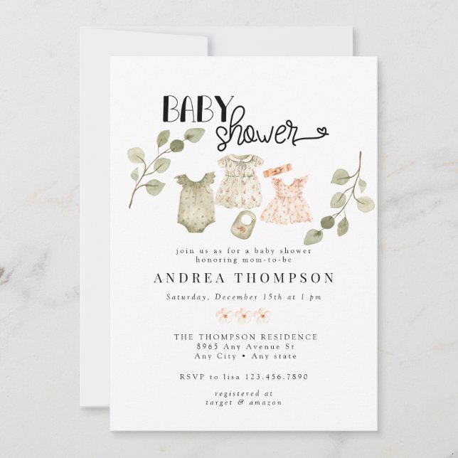 Vattenfärgade Barnkläder | Boho Girl Baby Shower Inbjudningar (Framsida)