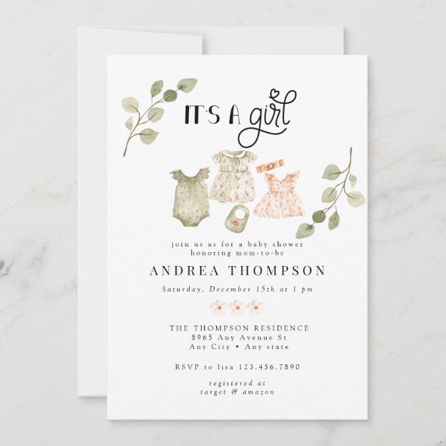 Vattenfärgade Barnkläder | Boho Girl Baby Shower Inbjudningar (Framsida)