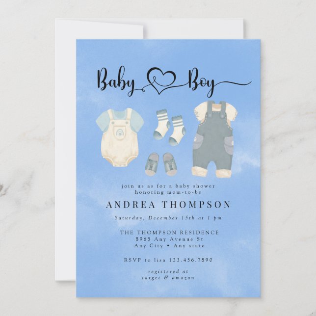Vattenfärgade Barnkläder | Boy Baby Shower Inbjudningar (Framsida)