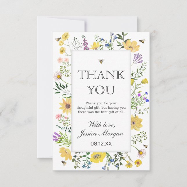 Vattenfärgade bin och fintvätt av vildblommor, bab tack kort (Framsida)