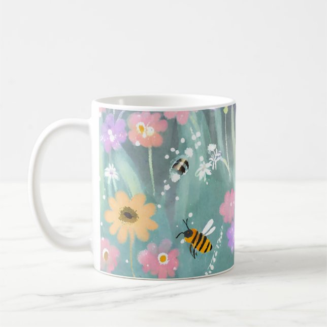 Vattenfärgade bin som flyger över blommor Garden Kaffemugg (Vänster)