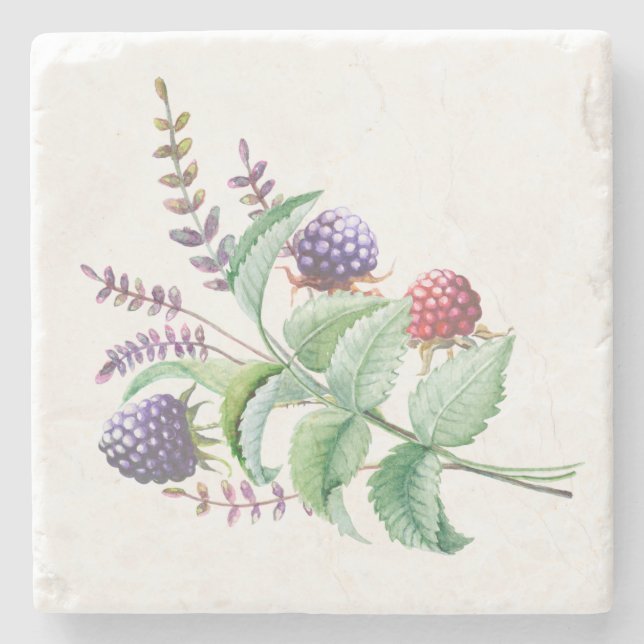 Vattenfärgade björnbär Raspbär Bouquet Underlägg Sten (Framsidan)