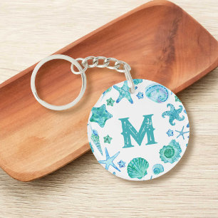 Vattenfärgade blå Snäckor och Starfish Monogram