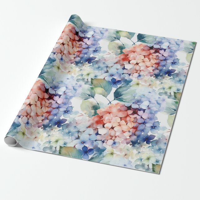 Vattenfärgade blandade Färg Hydrangea Flowers Presentpapper (Utrullad)