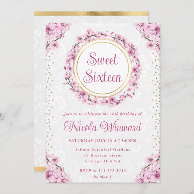 Vattenfärgade Blommar för körsbär Utandningsluft 1 Inbjudningar (Fram/baksida)