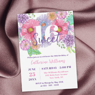 Vattenfärgade Blommar och Grey Sweet 16 Birthday Inbjudningar