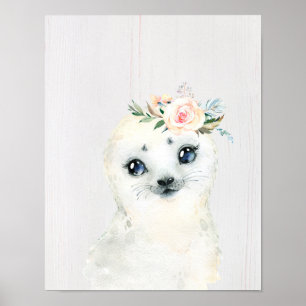 Vattenfärgade Blommigtar Baby Seal Snowy Animals Poster