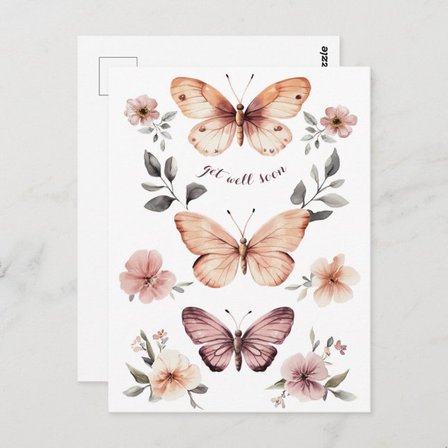 Vattenfärgade Blommigtar Butterflies kommer snart Vykort (Fram/baksida)