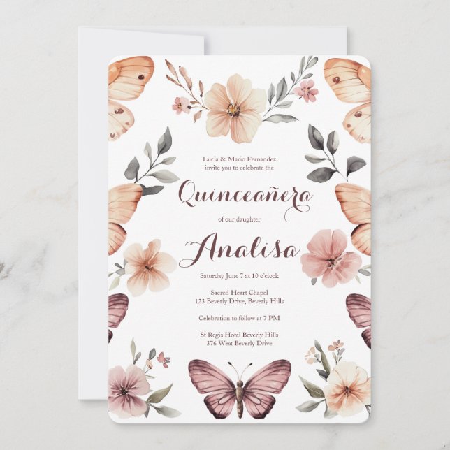 Vattenfärgade Blommigtar Butterflies Quinceañera A Inbjudningar (Framsida)