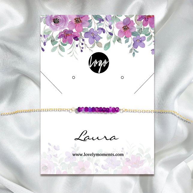 Vattenfärgade Blommigtar för Lila med visning Visitkort (Watercolor Purple Florals earring display Business Card #zazzlemade #purpleflowers #watercolorflower)
