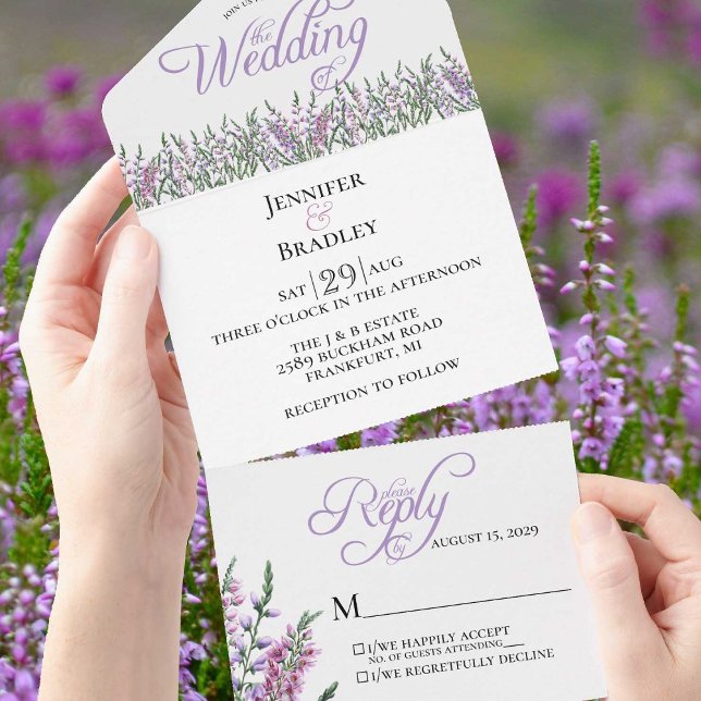 Vattenfärgade Blommigtar Heather Bröllop alla i et (Beautiful Scottish heather wedding invitation--a special delivery for your special day.)