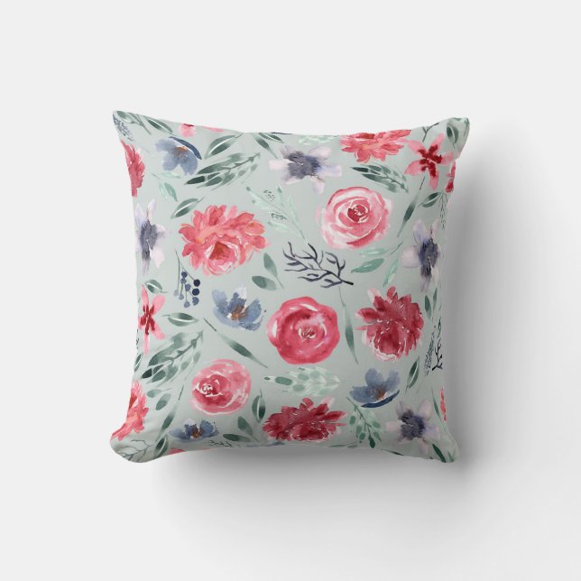 Vattenfärgade Blommigtar i grönt vid mynta Kudde (Framsida)