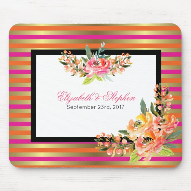 Vattenfärgade Blommigtar på Rosa Orange och Guld R Musmatta (Framsidan)