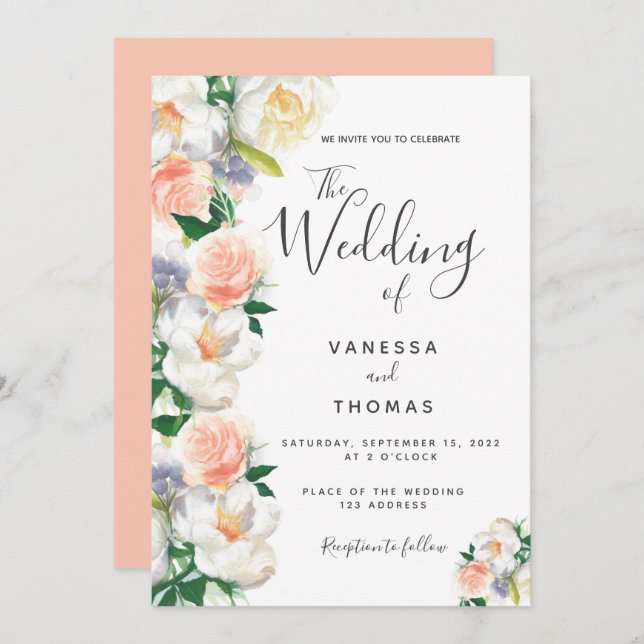 Vattenfärgade blommigtar, vita korallskript bröllo inbjudningar (Fram/baksida)