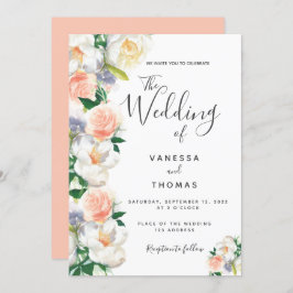 Vattenfärgade blommigtar, vita korallskript bröllo inbjudningar