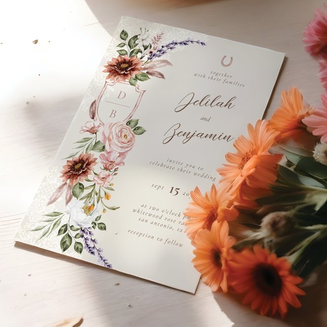 Vattenfärgade Blommigtar Westerna Horseshoe Snöre  Inbjudningar (Watercolor Florals Western Horseshoe Lace Wedding Invitation Front)